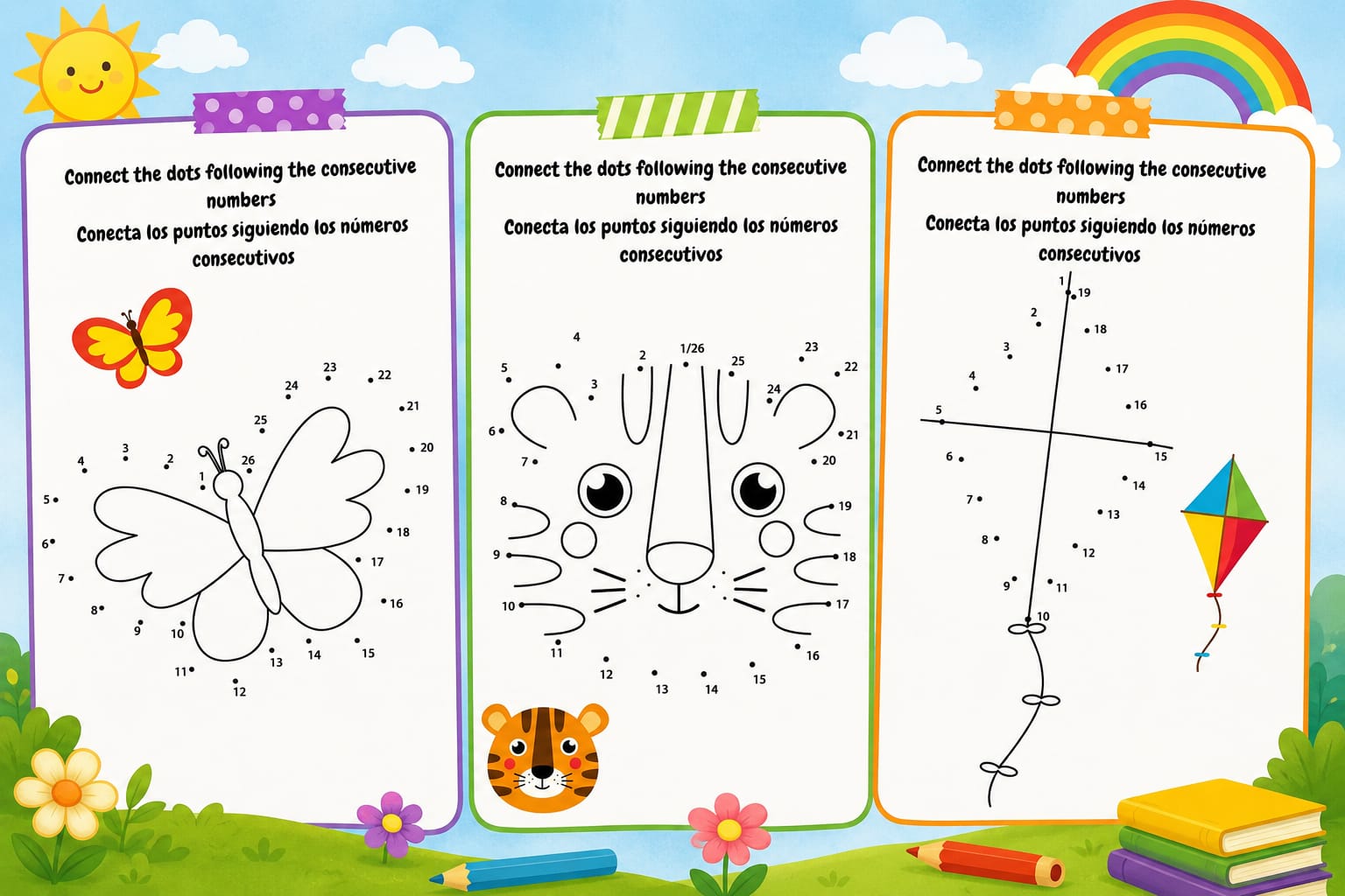 Páginas internas del BONUS 5: actividades de puntos y números en inglés y español