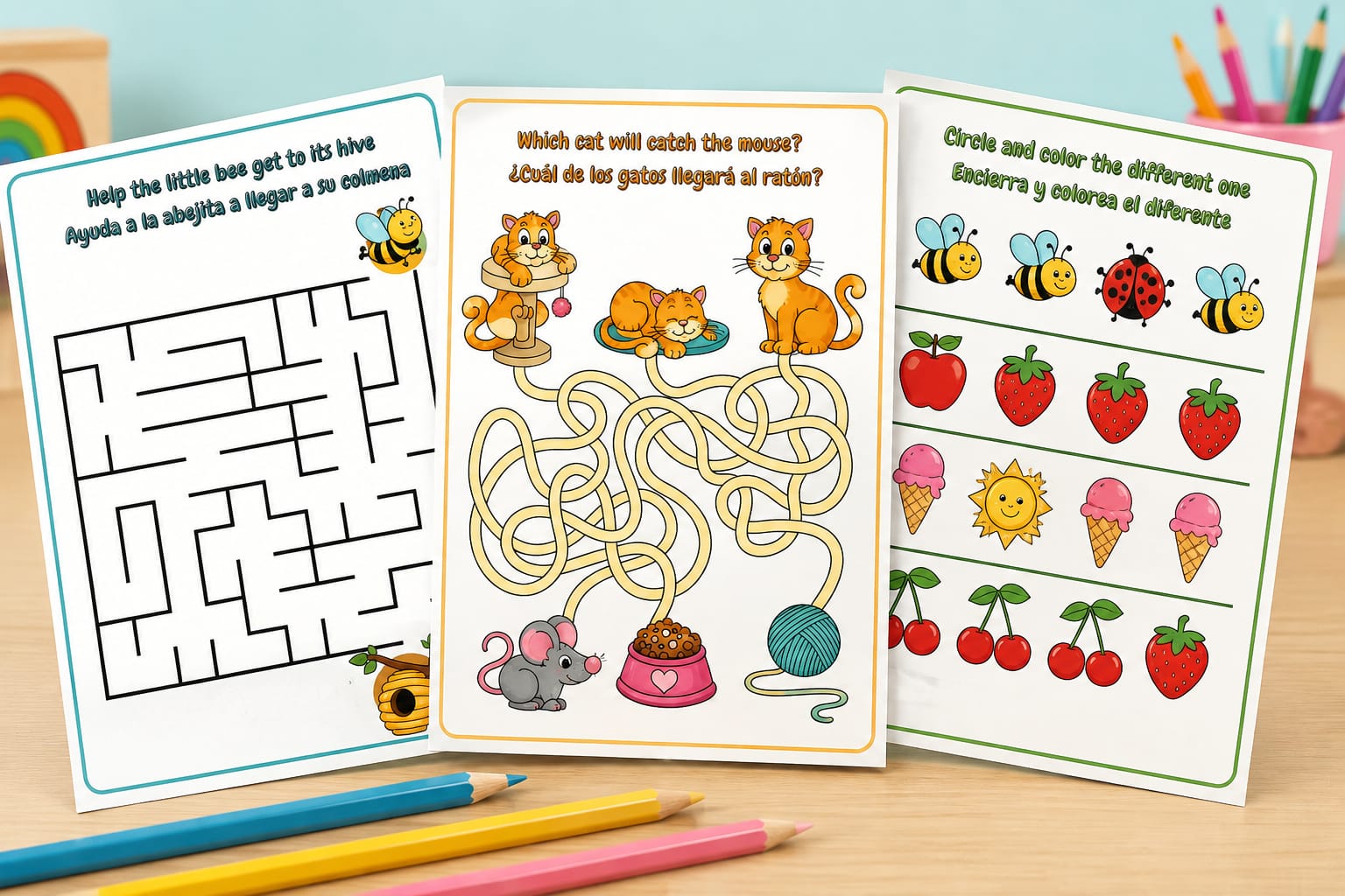 Páginas internas del BONUS 1: actividades de atención y concentración en inglés y español