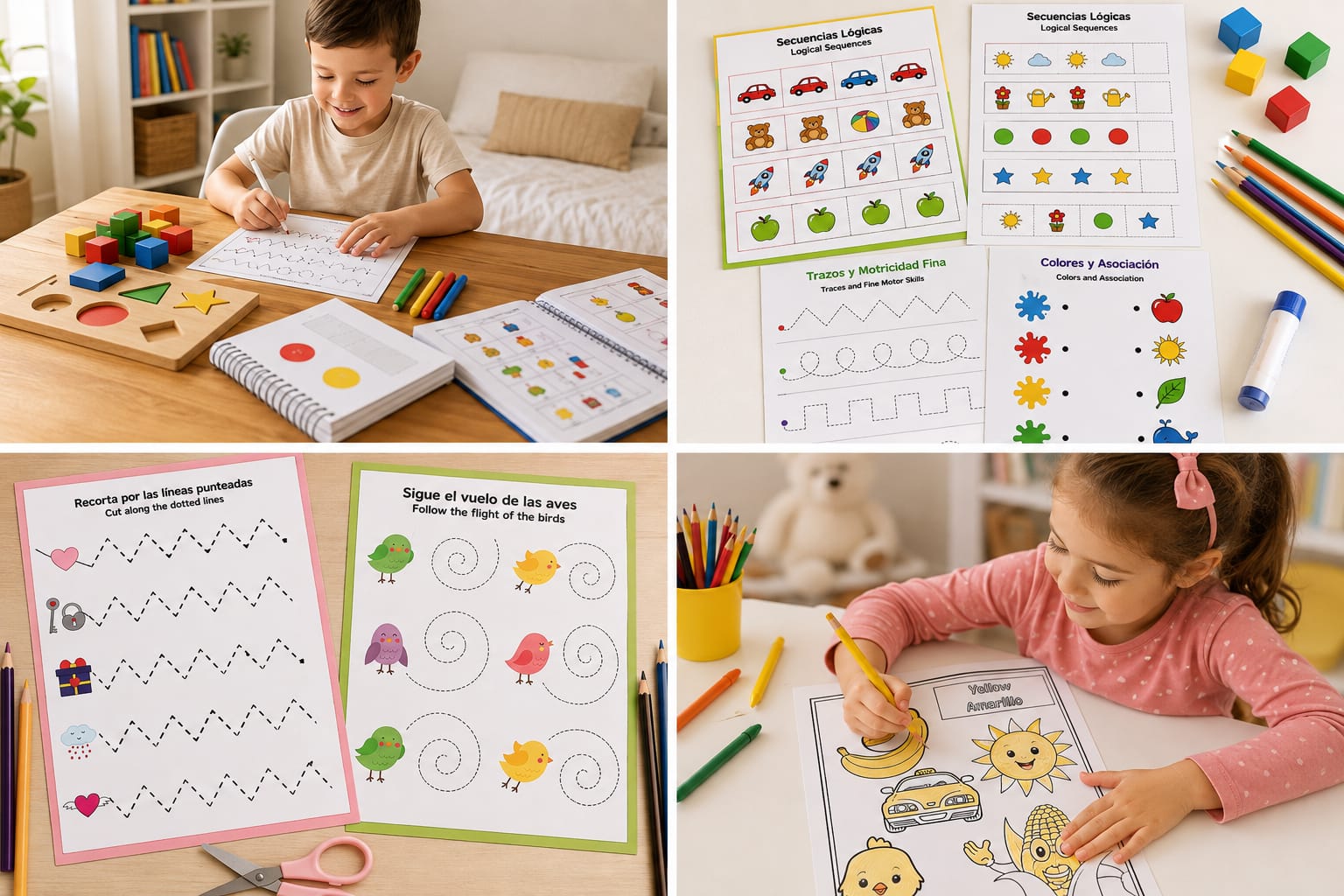 Collage de actividades bilingües de Little Hands: secuencias lógicas, trazos y colores