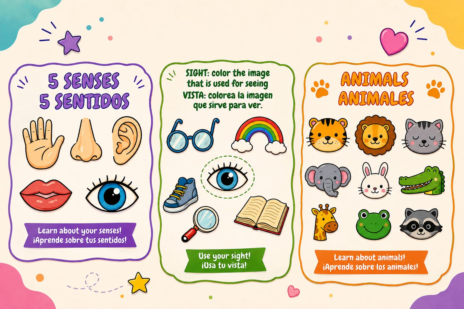 Páginas internas del BONUS 3: actividades de vocabulario bilingüe en inglés y español