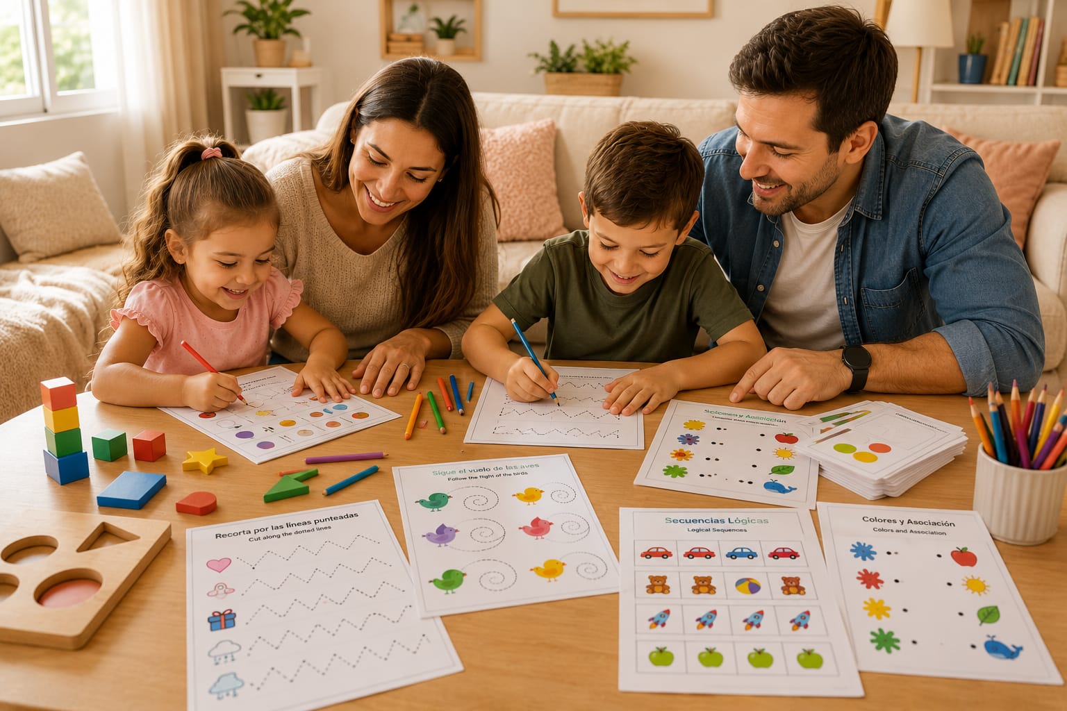 Familia sonriente compartiendo actividades bilingües de Little Hands en casa